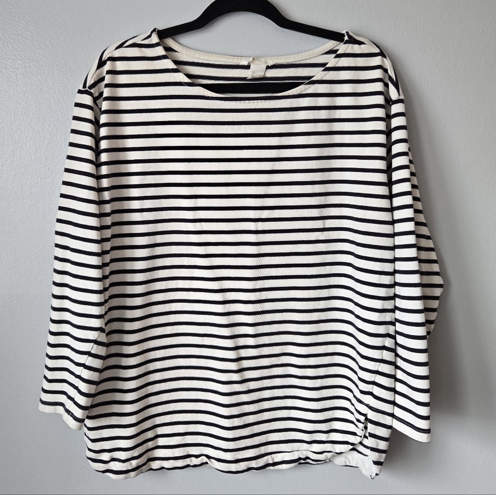 H&M 100% Cotton Black White Striped Long Sleeve Top Crew Neck Size Large